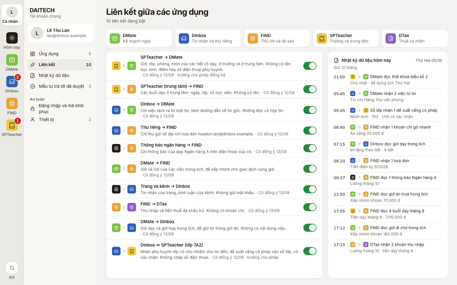 10 liên kết, mỗi liên kết một công tắc, nhật ký dữ liệu 11 dòng hôm nay, dữ liệu mẫu