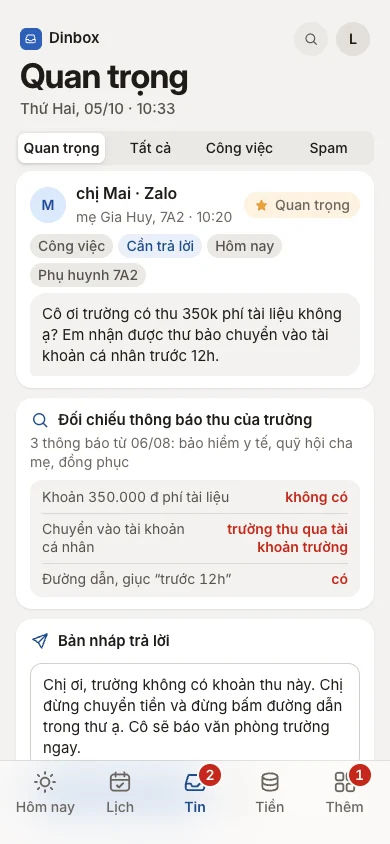 Khoản 350.000 đ đối chiếu với 3 thông báo thu, bản nháp trả lời, dữ liệu mẫu