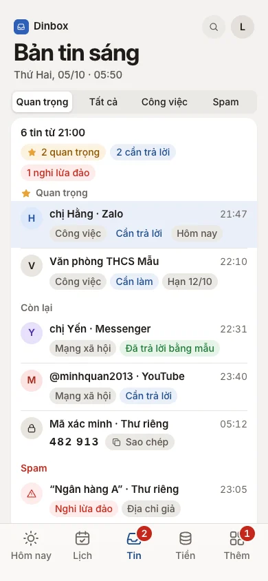 6 tin trong 4 nhóm, thư giả vào Spam, dữ liệu mẫu