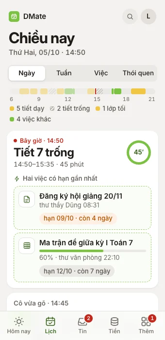 Tiết 7 trống, hai việc có hạn 09/10 và 12/10, dữ liệu mẫu