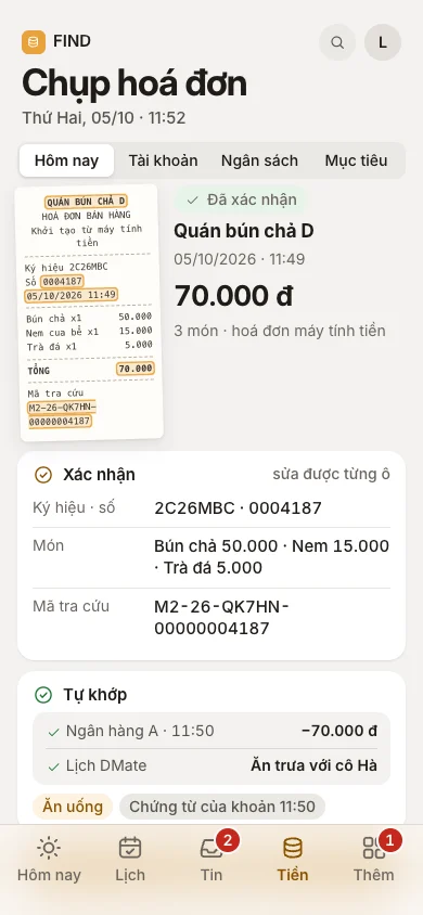 Ảnh phiếu bún chả đã xác nhận: 3 món, 70.000 đ, khớp Ngân hàng A 11:50, dữ liệu mẫu