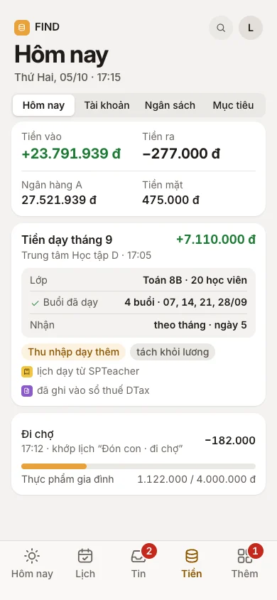 Tiền dạy tháng 9 7.110.000 đ, Trung tâm Học tập D, Toán 8B 20 học viên, 4 buổi, nhận theo tháng ngày 5, đã ghi vào sổ thuế DTax, dữ liệu mẫu