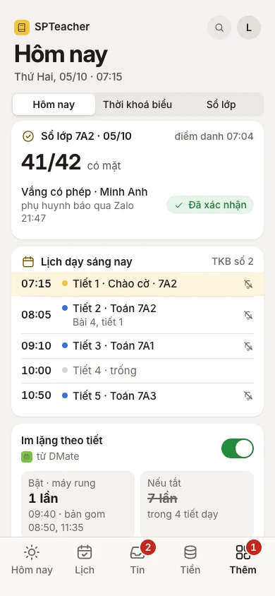 Sổ lớp 7A2 có mặt 41/42 và 5 tiết sáng, dữ liệu mẫu